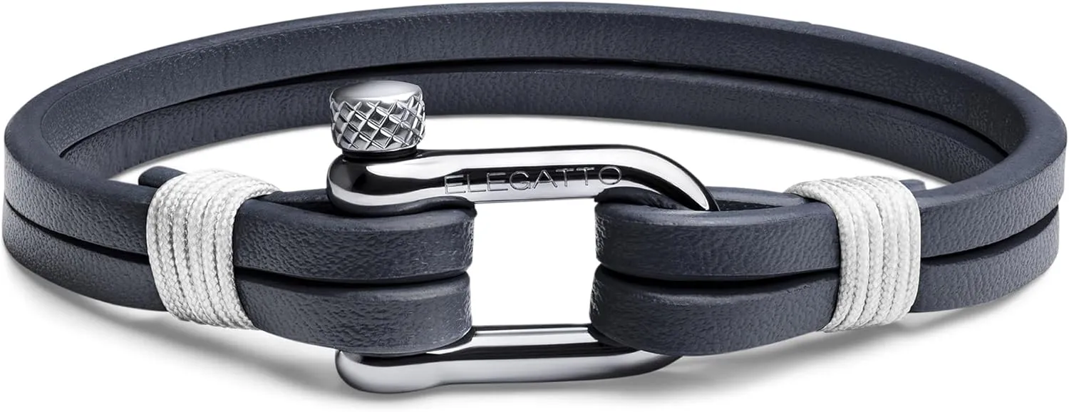 Elegatto Kellmore Premium Leather Bracelet for Men | Double Full-Grain Leather with Silver Polished Stainless Steel Shackle Closure | Mens Designer Bracelet
