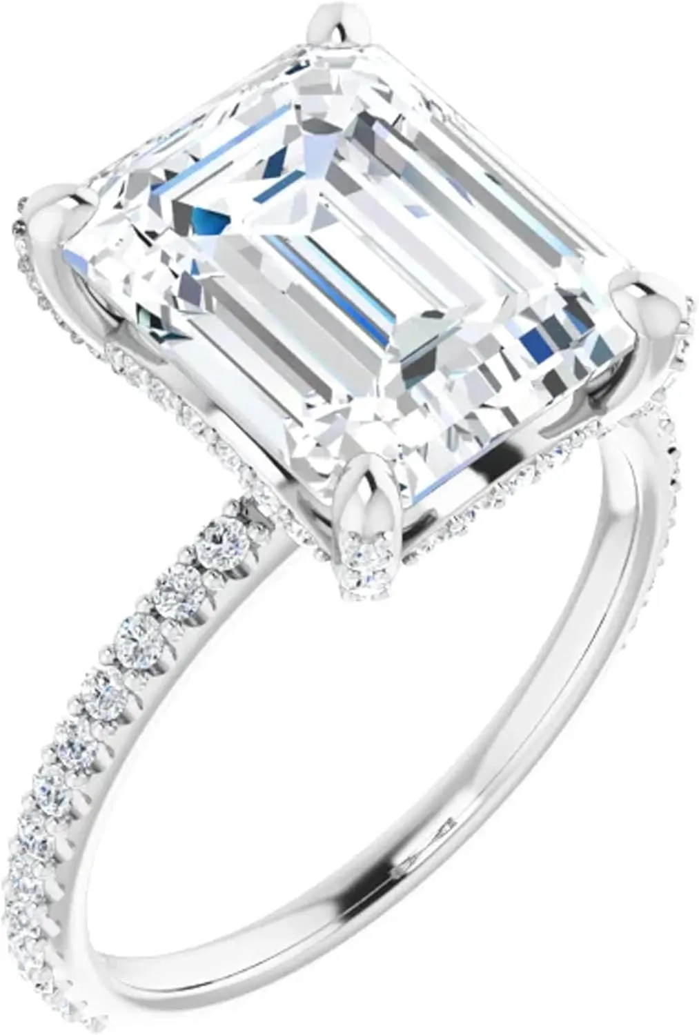 Emerald Cut Solitaire Lab Diamond Engagement Ring Hidden Halo