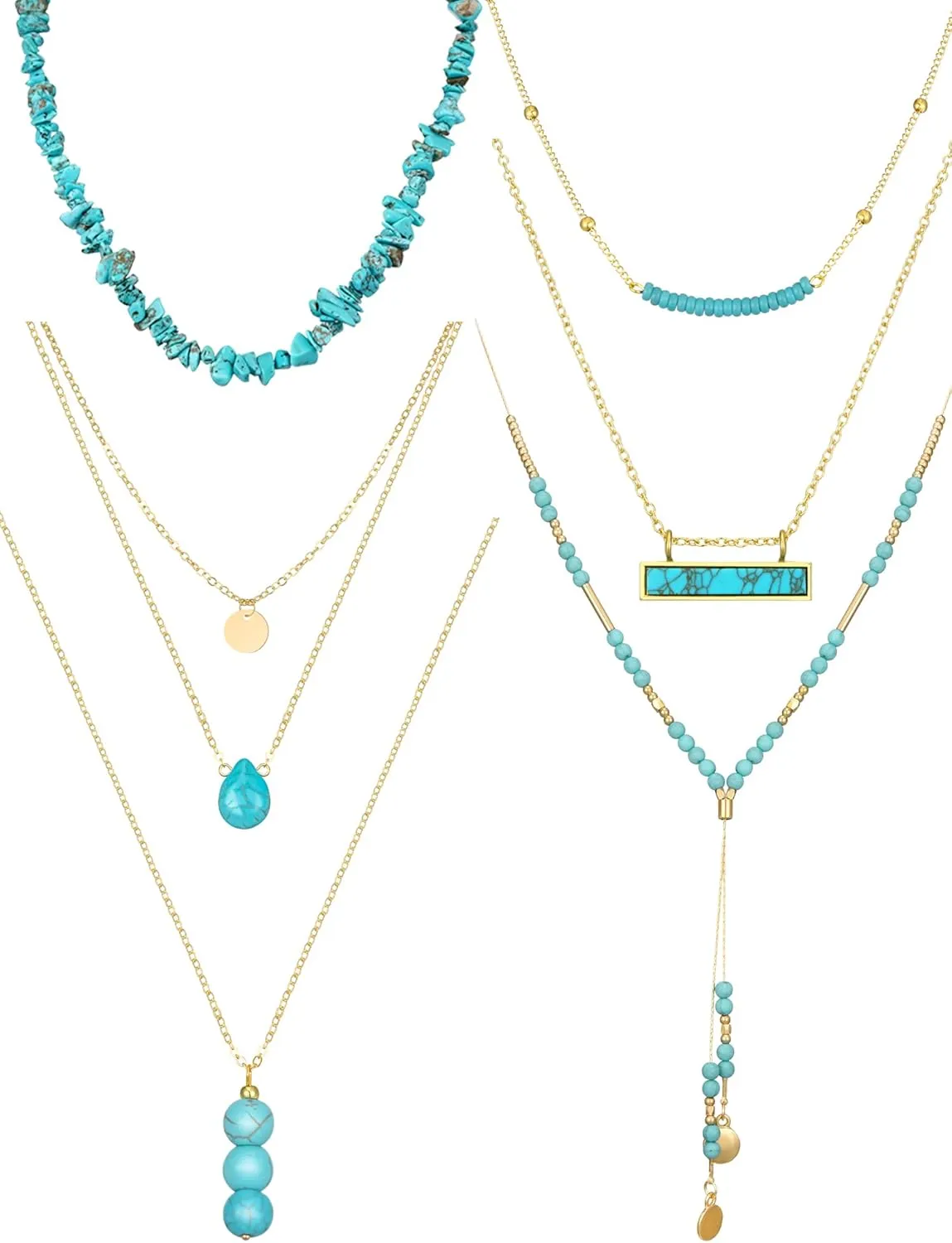 Estune 6 Pcs Boho Necklaces for Women Gold and Turquoise Necklace Suede Choker Western Leather Jewelry Long Chain Tassels choker