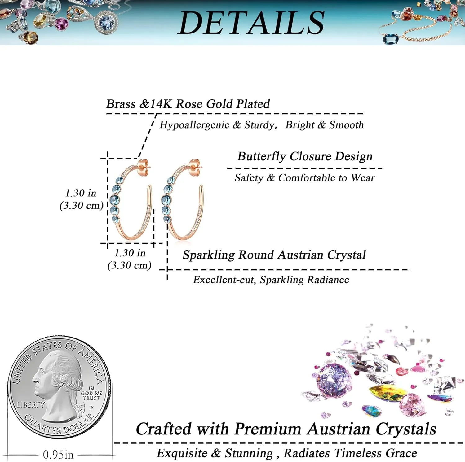 EVEVIC Austrian Crystal Half Hoop Earrings for Women Trendy 14K Rose Gold Plated Large Hoops Earring Jewelry Gift