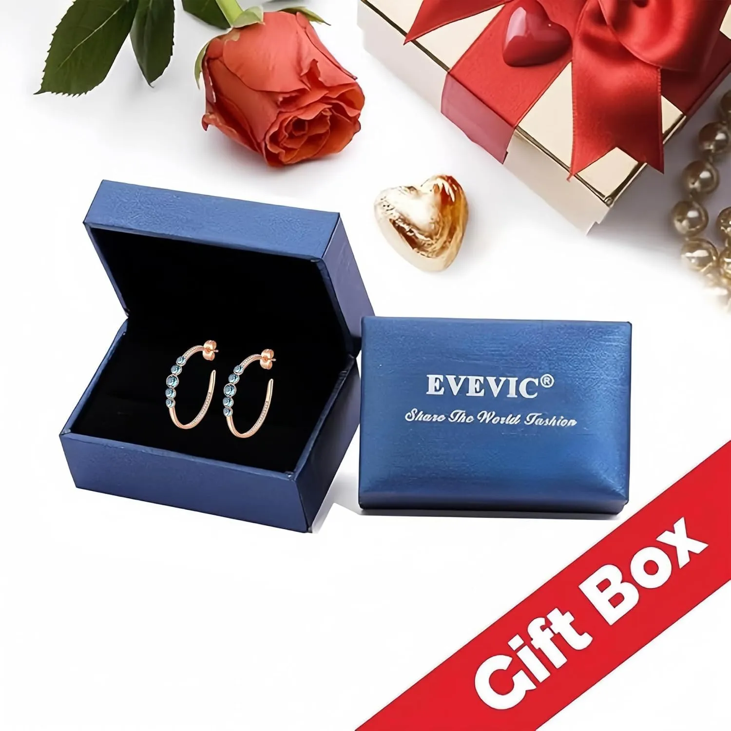 EVEVIC Austrian Crystal Half Hoop Earrings for Women Trendy 14K Rose Gold Plated Large Hoops Earring Jewelry Gift