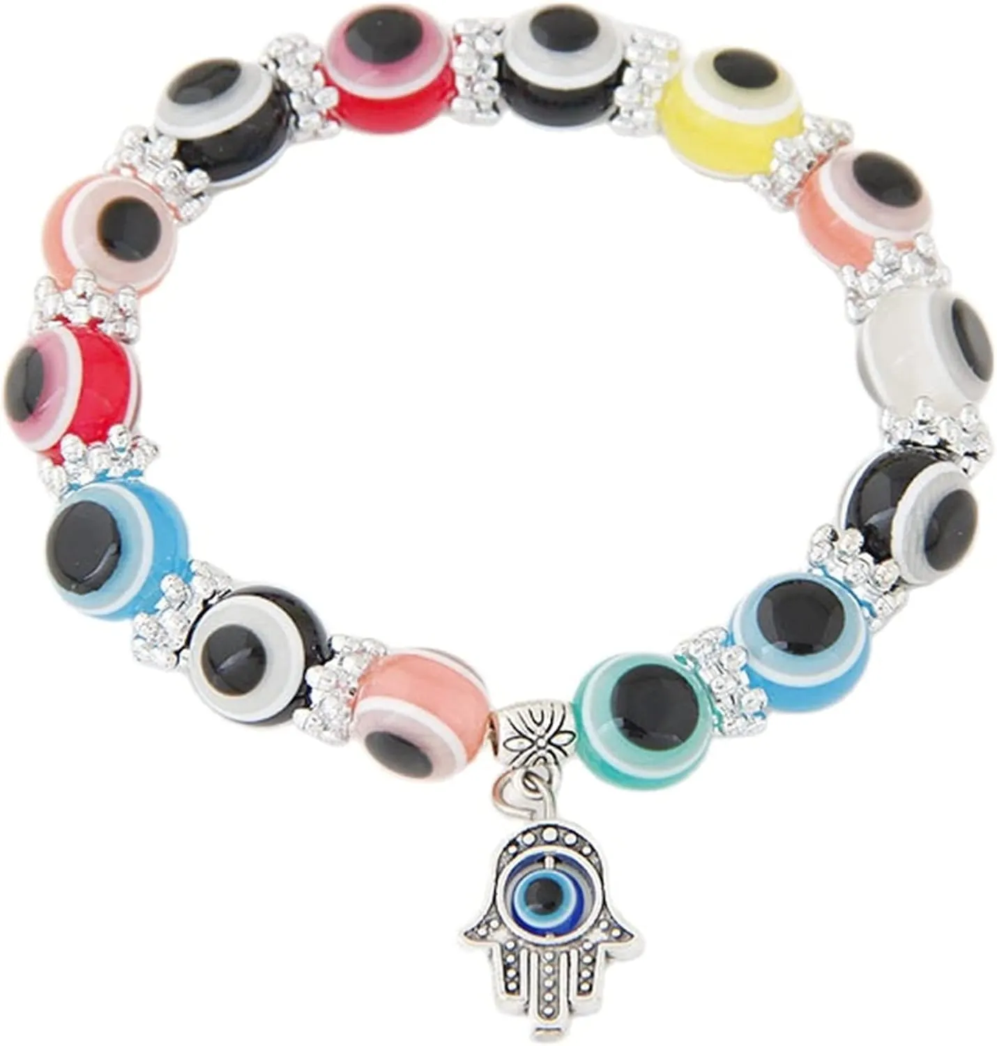 Evil Eye Fatima Charm Stretch Hamsa Turkish Protection Crystal Hand Bracelet Beaded Chakra Braided Bracelets Amulet Good Luck Jewelry Gifts for Women Colorful-Colorful