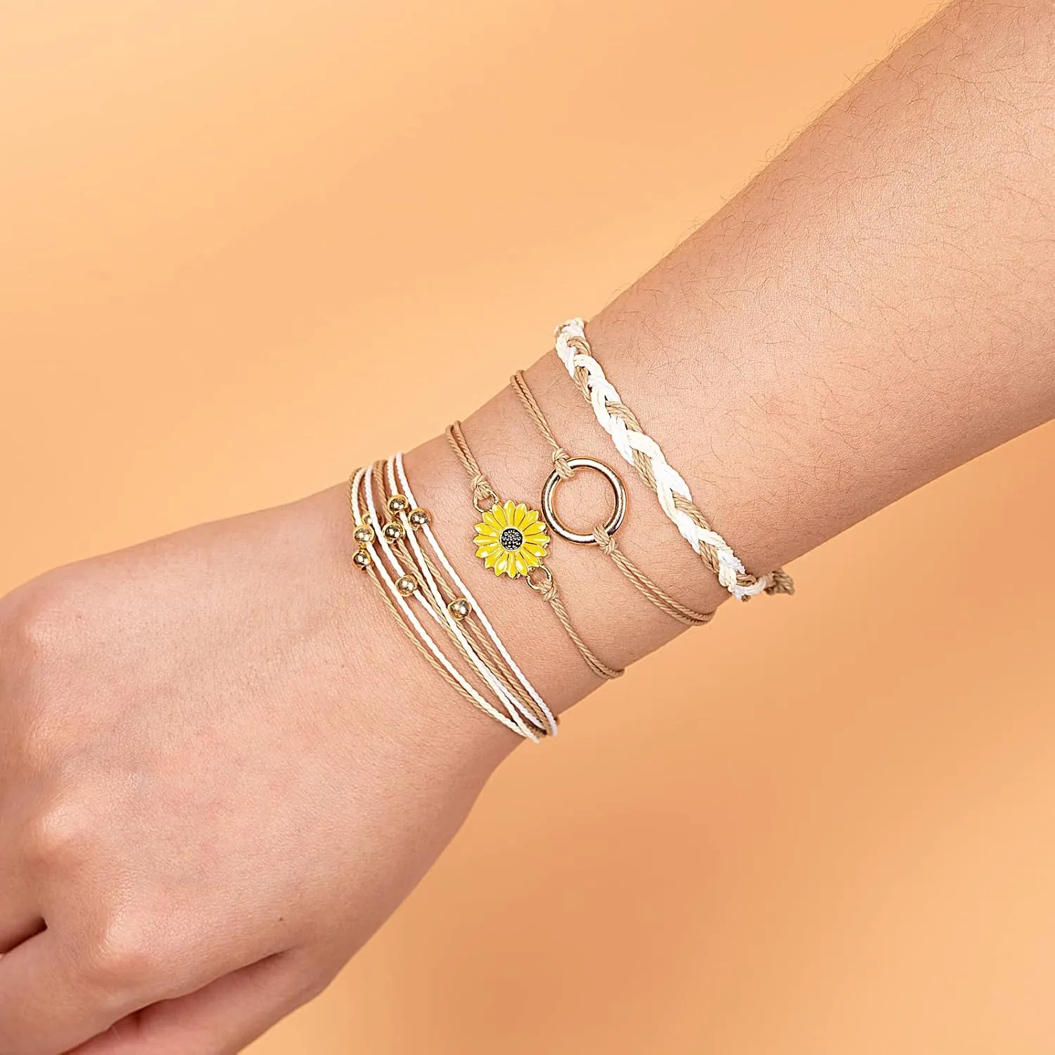 FANCY SHINY Sunflower String Bracelet Handmade Braided Rope Charms Boho Surfer Bracelet for Women Easter Gifts