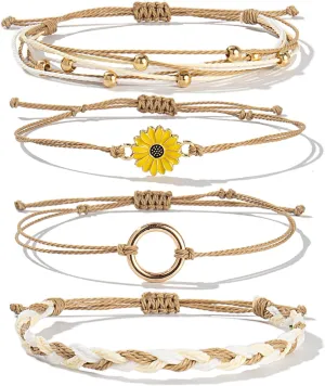 FANCY SHINY Sunflower String Bracelet Handmade Braided Rope Charms Boho Surfer Bracelet for Women Easter Gifts