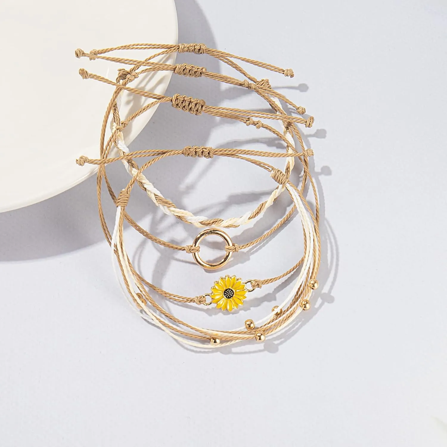 FANCY SHINY Sunflower String Bracelet Handmade Braided Rope Charms Boho Surfer Bracelet for Women Easter Gifts
