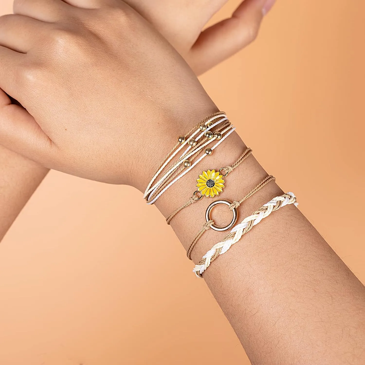 FANCY SHINY Sunflower String Bracelet Handmade Braided Rope Charms Boho Surfer Bracelet for Women Easter Gifts