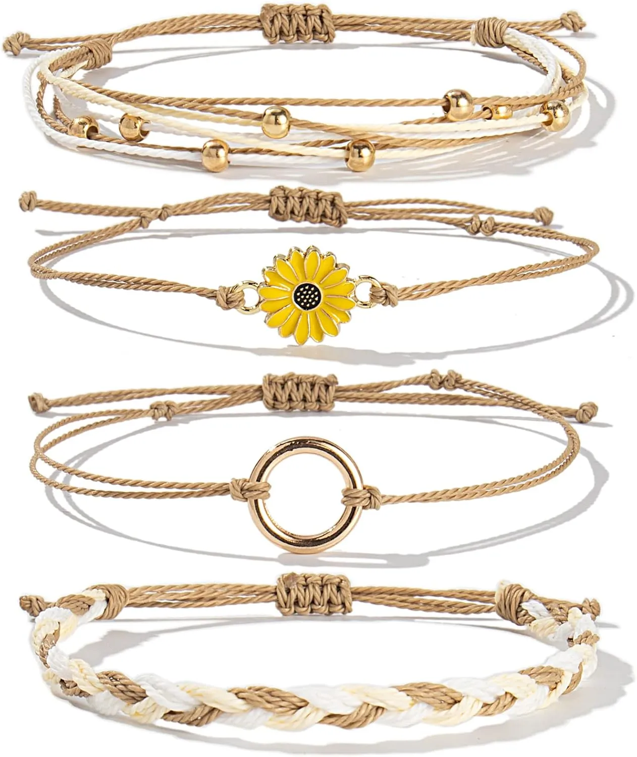 FANCY SHINY Sunflower String Bracelet Handmade Braided Rope Charms Boho Surfer Bracelet for Women Easter Gifts