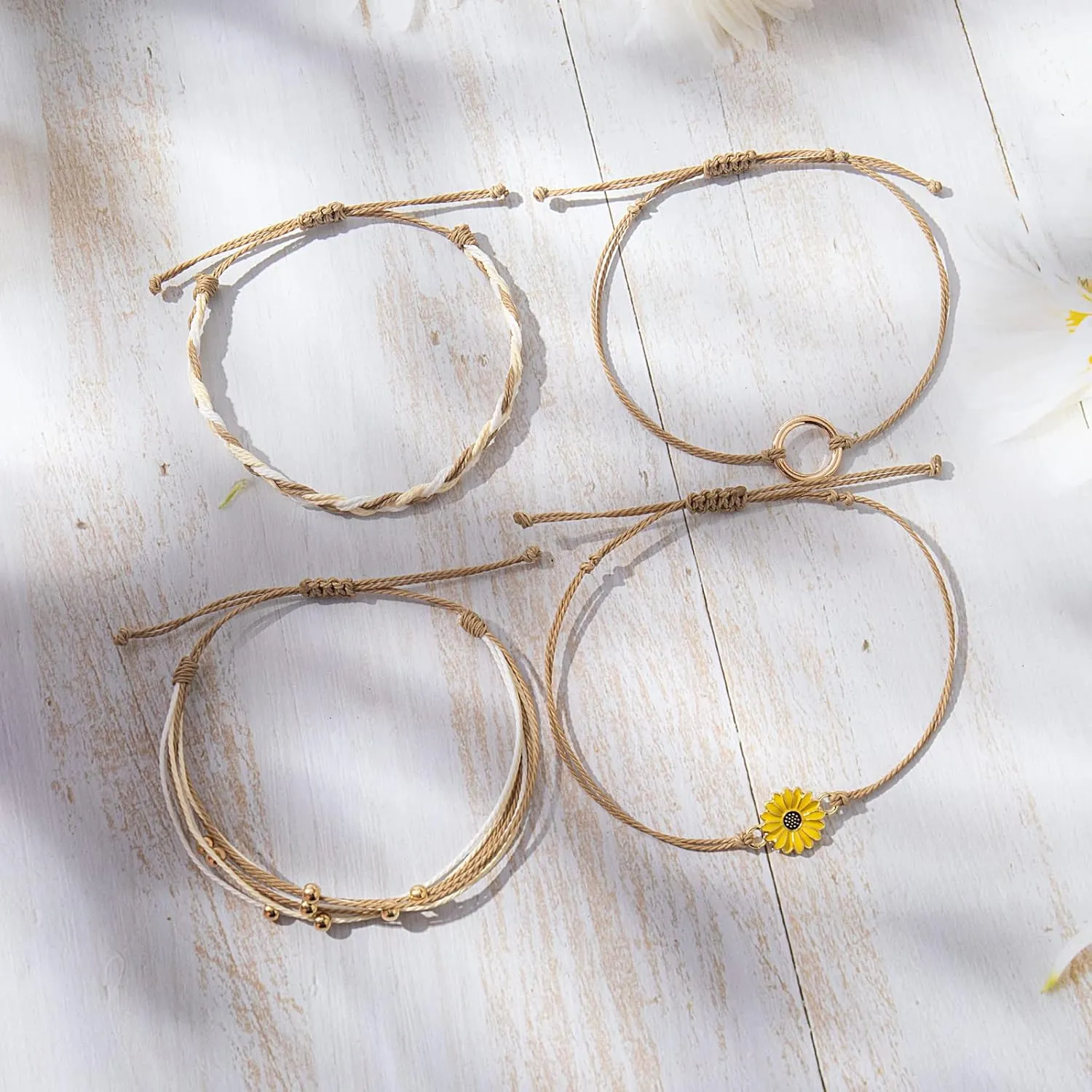 FANCY SHINY Sunflower String Bracelet Handmade Braided Rope Charms Boho Surfer Bracelet for Women Easter Gifts