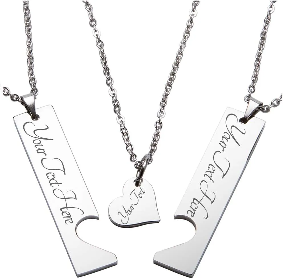 Fanery Sue Personalized Custom Engraved Name Vertical Bar Matching Heart Necklaces for Family of 3 Love Friendship Jewelry