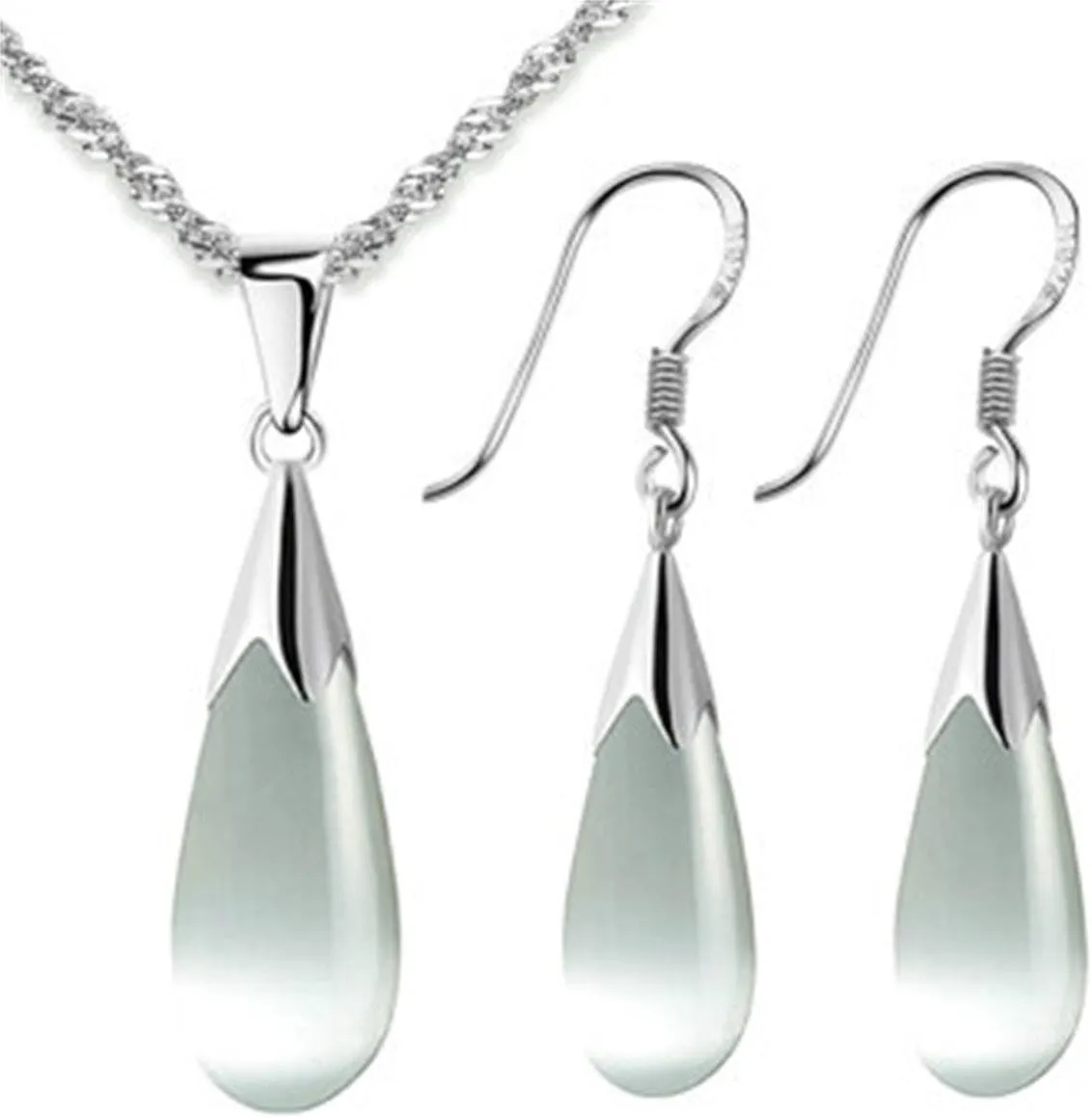 Fashion Jewelry Set for Women Cats Eye Teardrop and Created Crystal, Cubic Zirconia Pendant Necklace and Earrings Ring Set