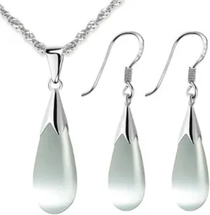 Fashion Jewelry Set for Women Cats Eye Teardrop and Created Crystal, Cubic Zirconia Pendant Necklace and Earrings Ring Set
