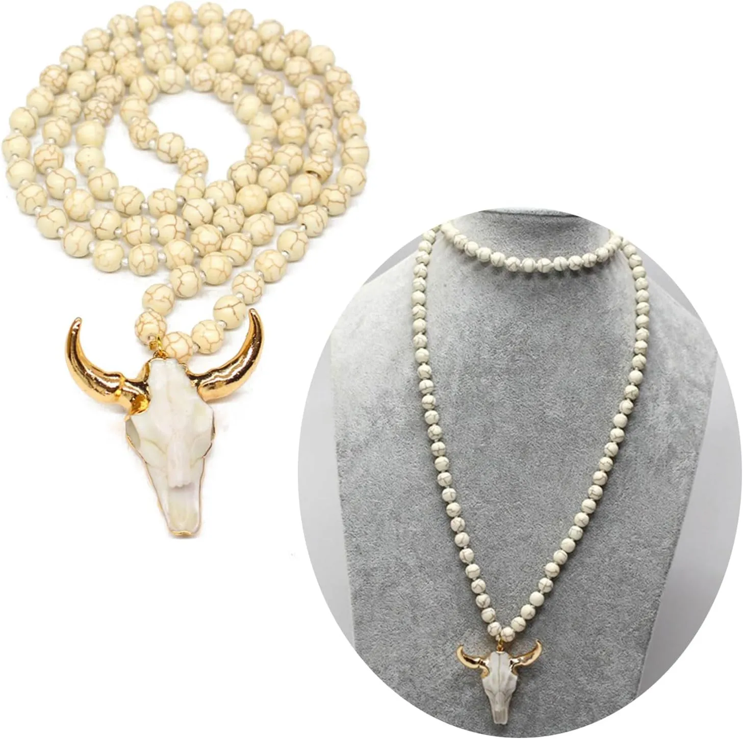Fashionable Ethnic Necklace Handcrafted Long Knotted Stone Beads with Horn Pendant Tribal Jewelry for Men Women Unisex