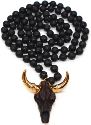 Fashionable Ethnic Necklace Handcrafted Long Knotted Stone Beads with Horn Pendant Tribal Jewelry for Men Women Unisex