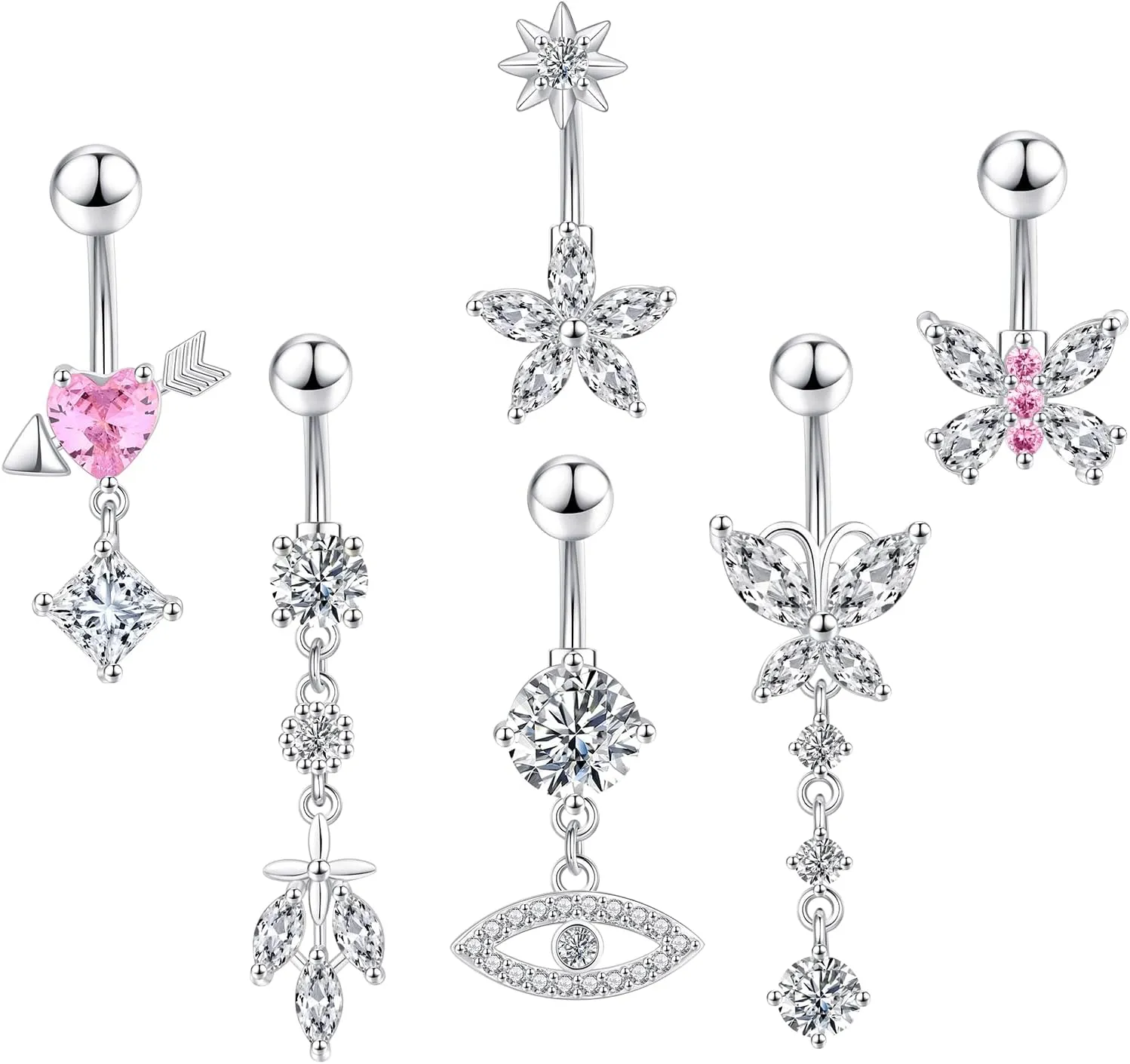 FIRAZIO Belly Button Ring Surgical Stainless Steel Dangle Belly Button Rings for Women 14G Gold Silver Belly Ring Navel Piercing Jewelry Heart Butterfly Evil Eye Belly Ring