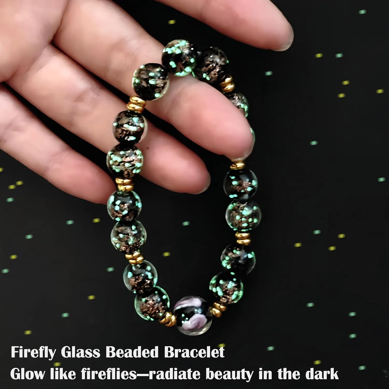 Firefly Glass Beads Bracelets for Women - Glow in the Dark Stretch Bracelet 10MM Luminous Healing Crystal Beaded Bracelet Jewelry Gift