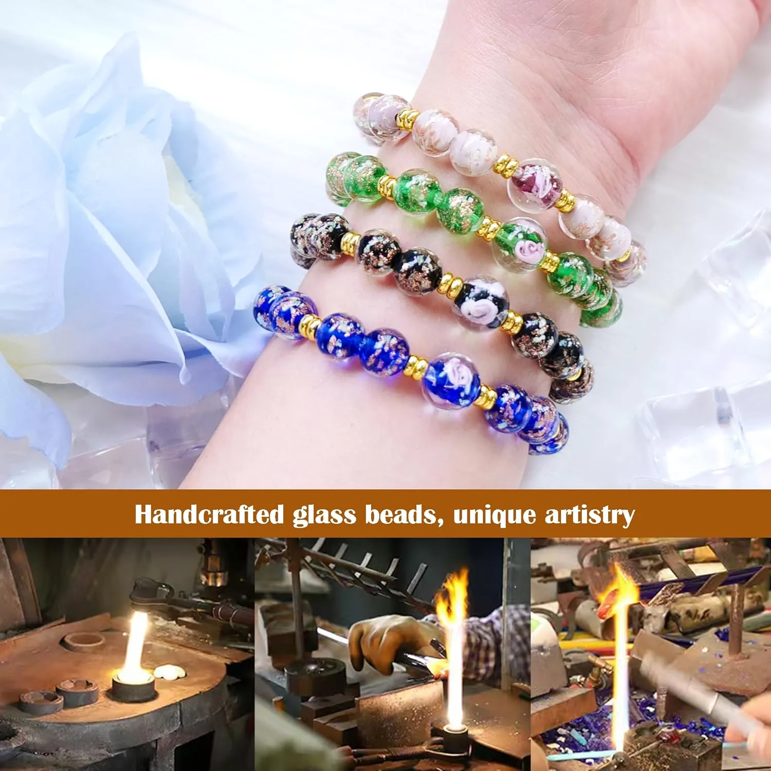 Firefly Glass Beads Bracelets for Women - Glow in the Dark Stretch Bracelet 10MM Luminous Healing Crystal Beaded Bracelet Jewelry Gift
