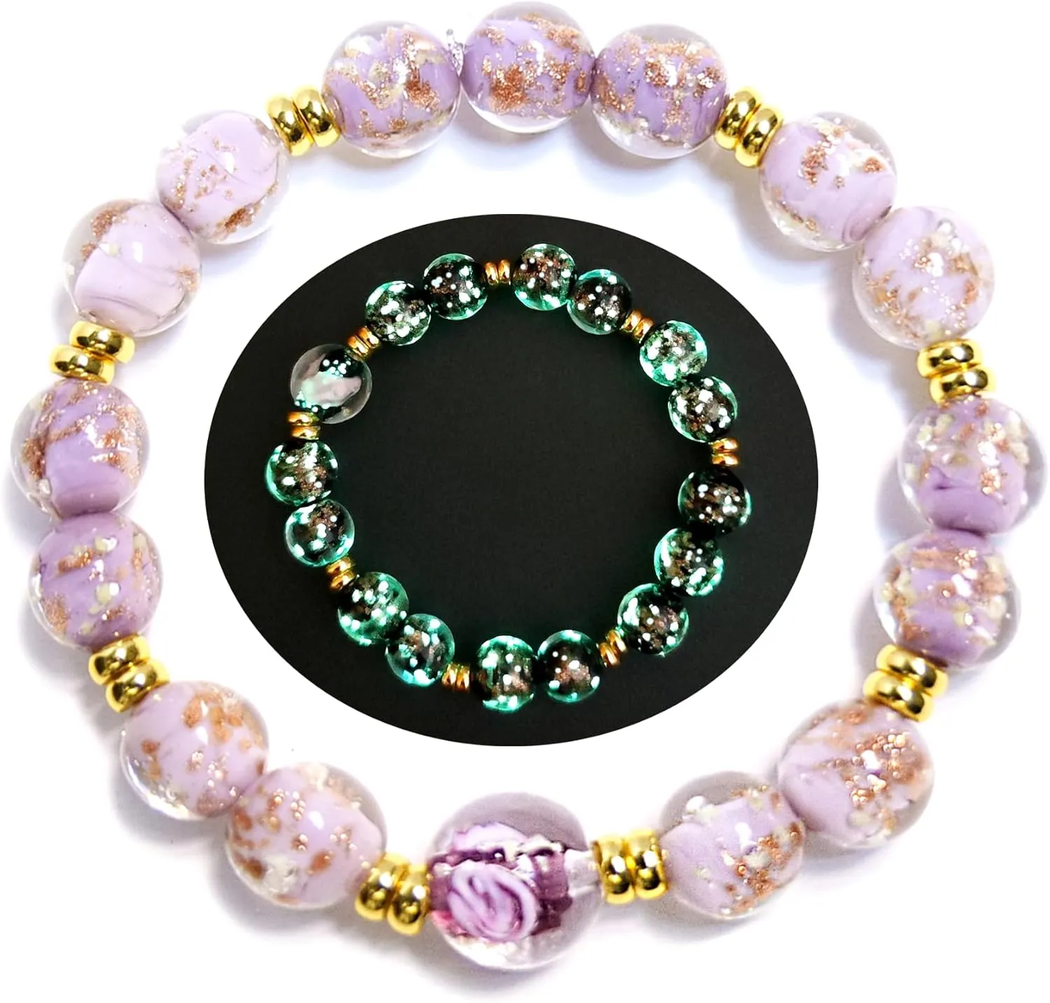 Firefly Glass Beads Bracelets for Women - Glow in the Dark Stretch Bracelet 10MM Luminous Healing Crystal Beaded Bracelet Jewelry Gift