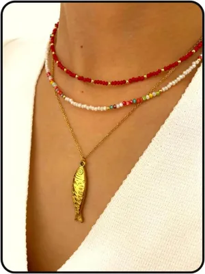Fish Necklace, Gold Layered Beach Summer Y2k Pendant Necklaces Beachy Choker Beaded Charm Non Tarnish Statement Dainty Stack Stainless Steel Anniversary Holiday Jewelry Gift