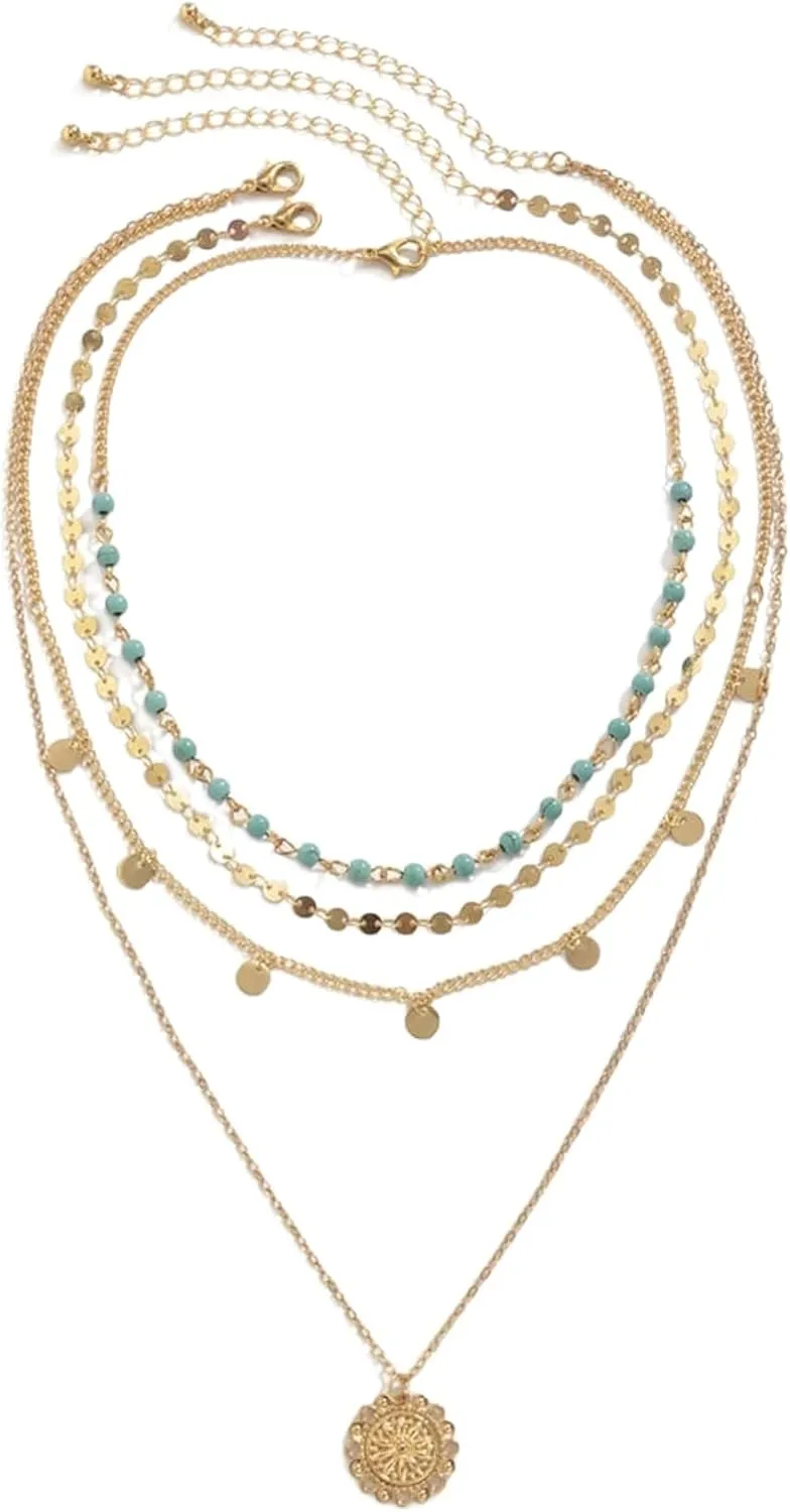Floerns Women's 3 Pcs Turquoise Tassel Multi Layered Gold Plated Coin Pendant Necklace
