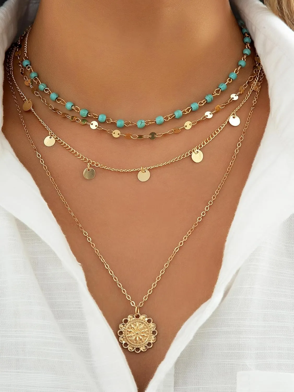 Floerns Women's 3 Pcs Turquoise Tassel Multi Layered Gold Plated Coin Pendant Necklace