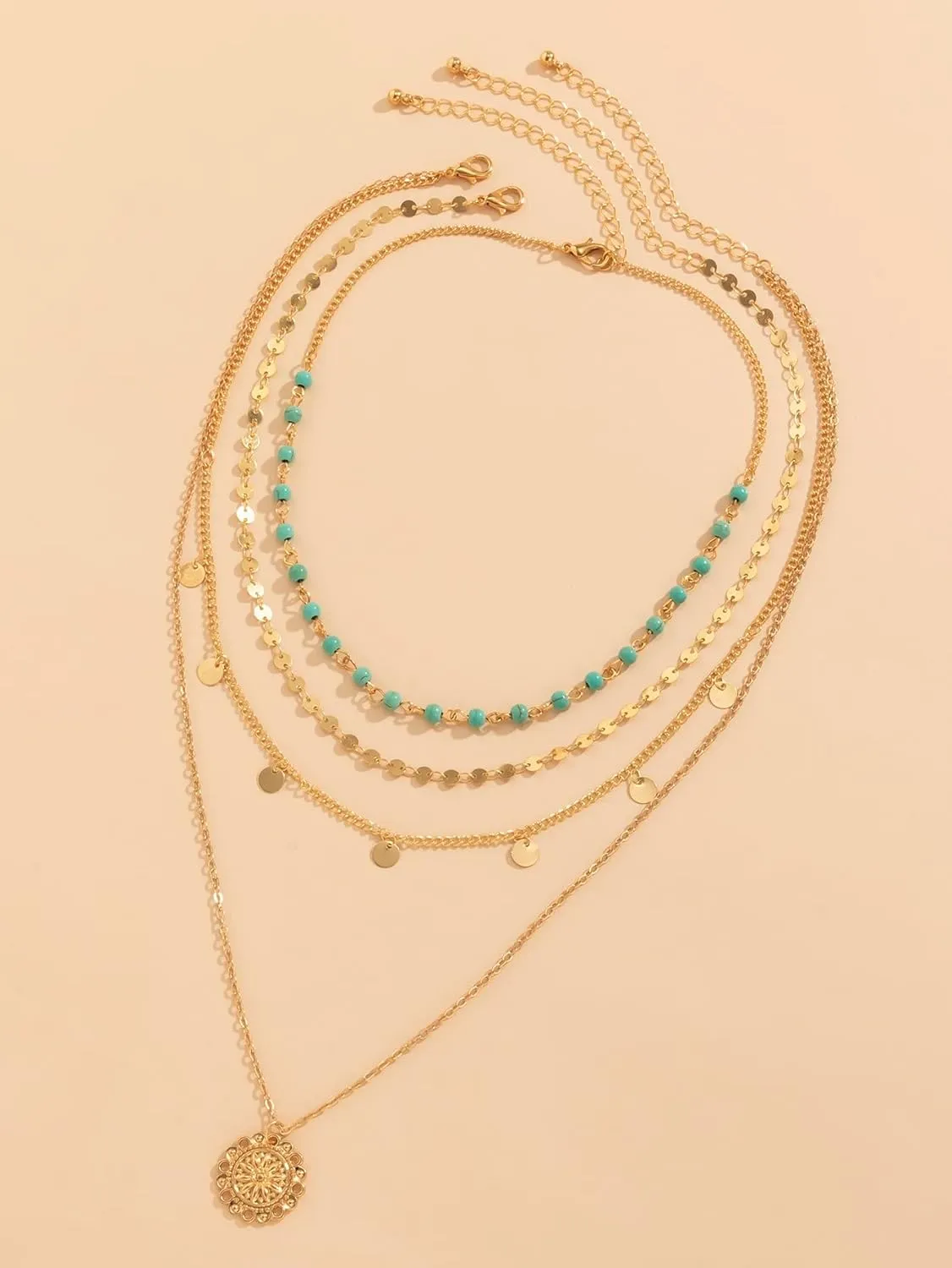 Floerns Women's 3 Pcs Turquoise Tassel Multi Layered Gold Plated Coin Pendant Necklace