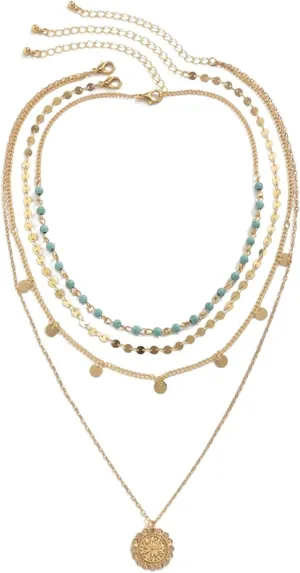 Floerns Women's 3 Pcs Turquoise Tassel Multi Layered Gold Plated Coin Pendant Necklace