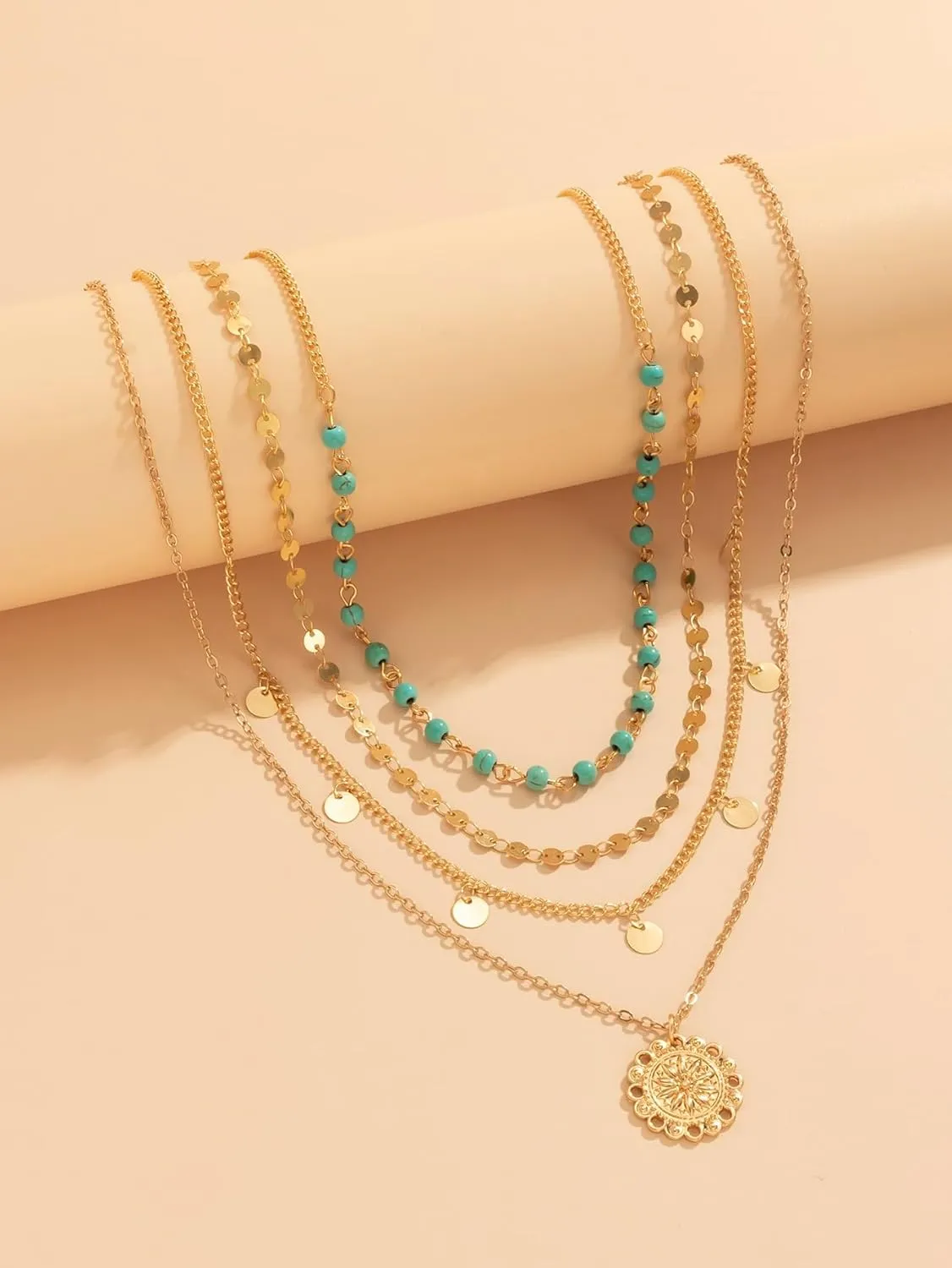 Floerns Women's 3 Pcs Turquoise Tassel Multi Layered Gold Plated Coin Pendant Necklace