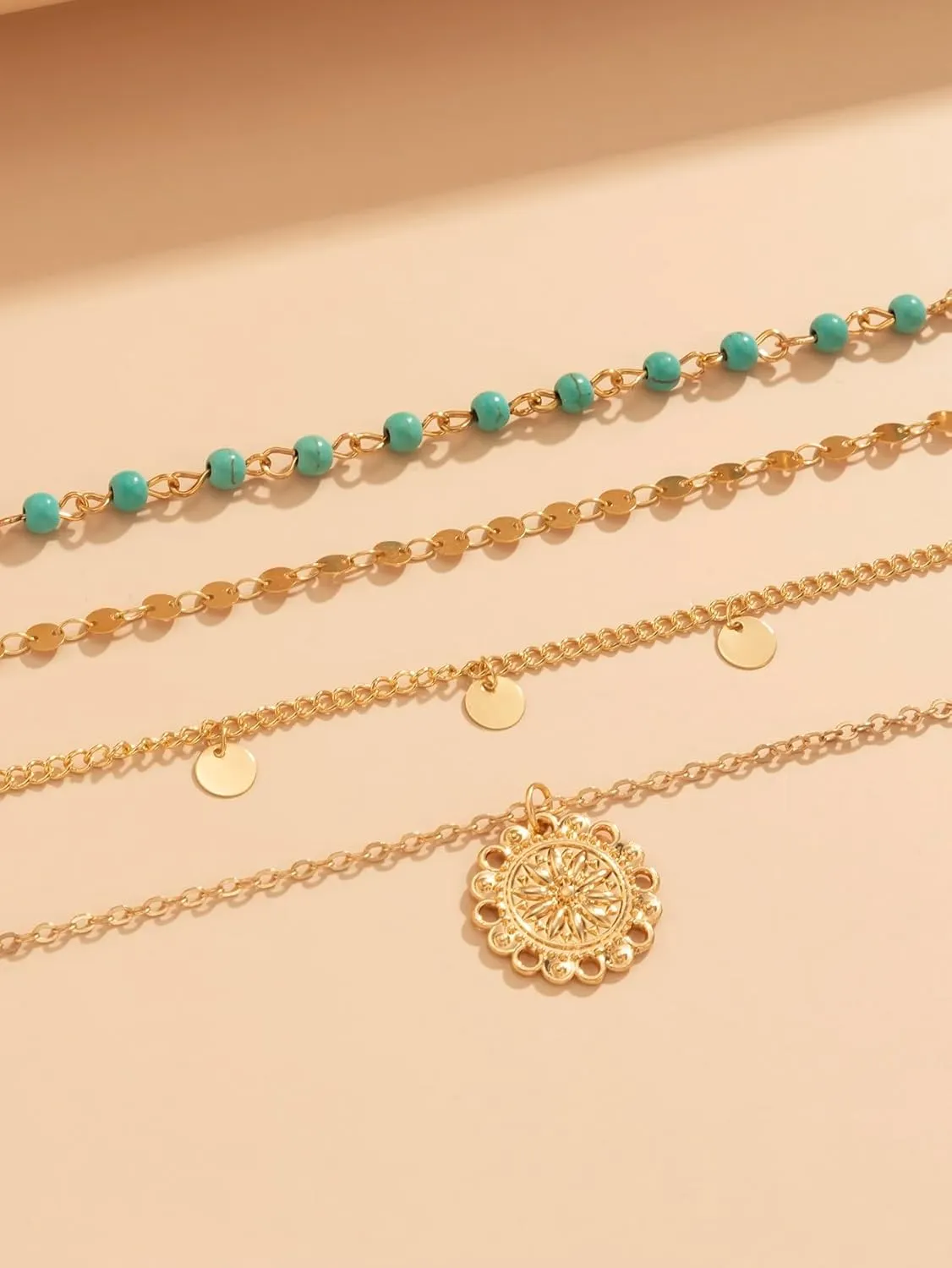 Floerns Women's 3 Pcs Turquoise Tassel Multi Layered Gold Plated Coin Pendant Necklace