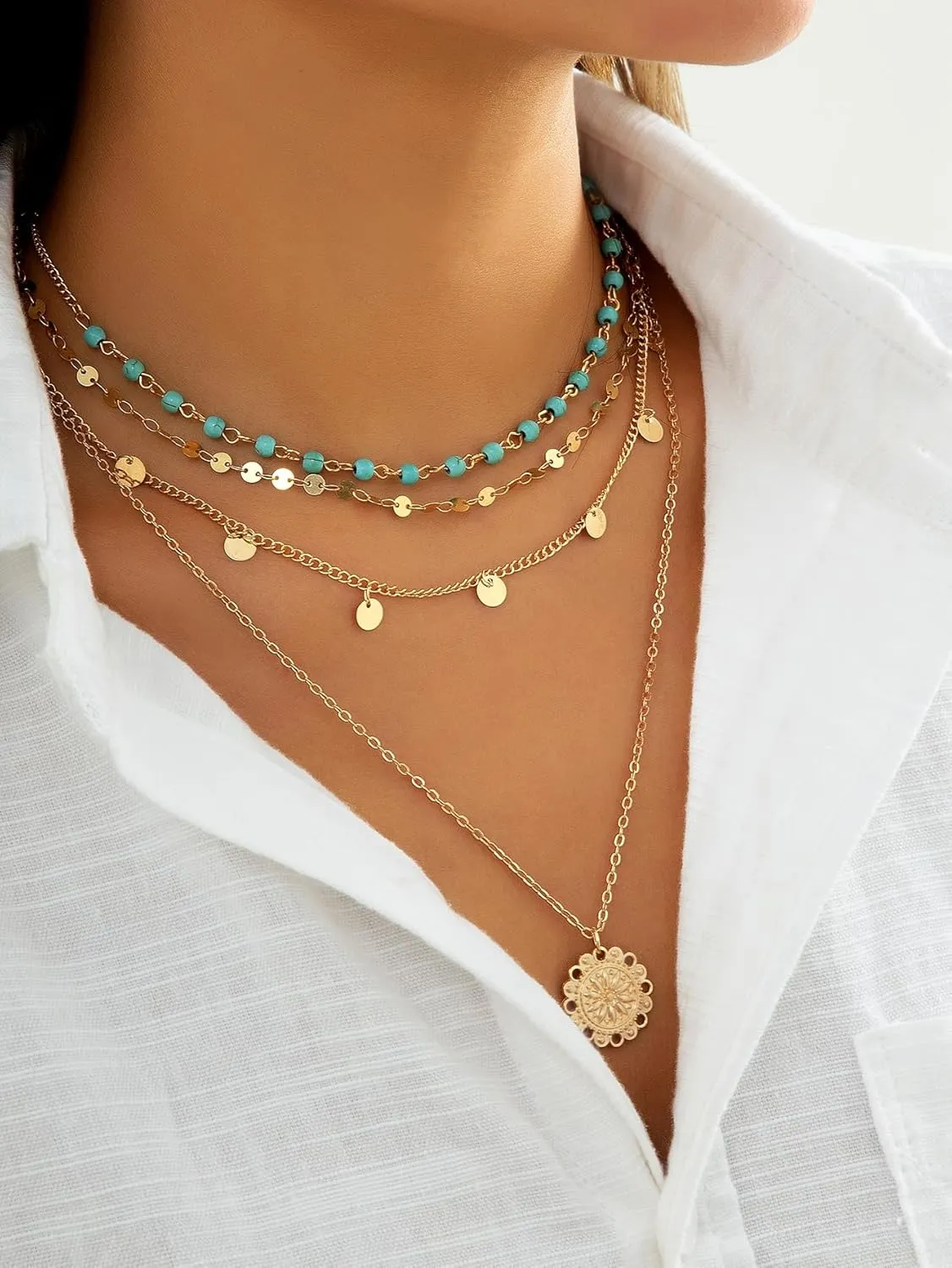 Floerns Women's 3 Pcs Turquoise Tassel Multi Layered Gold Plated Coin Pendant Necklace