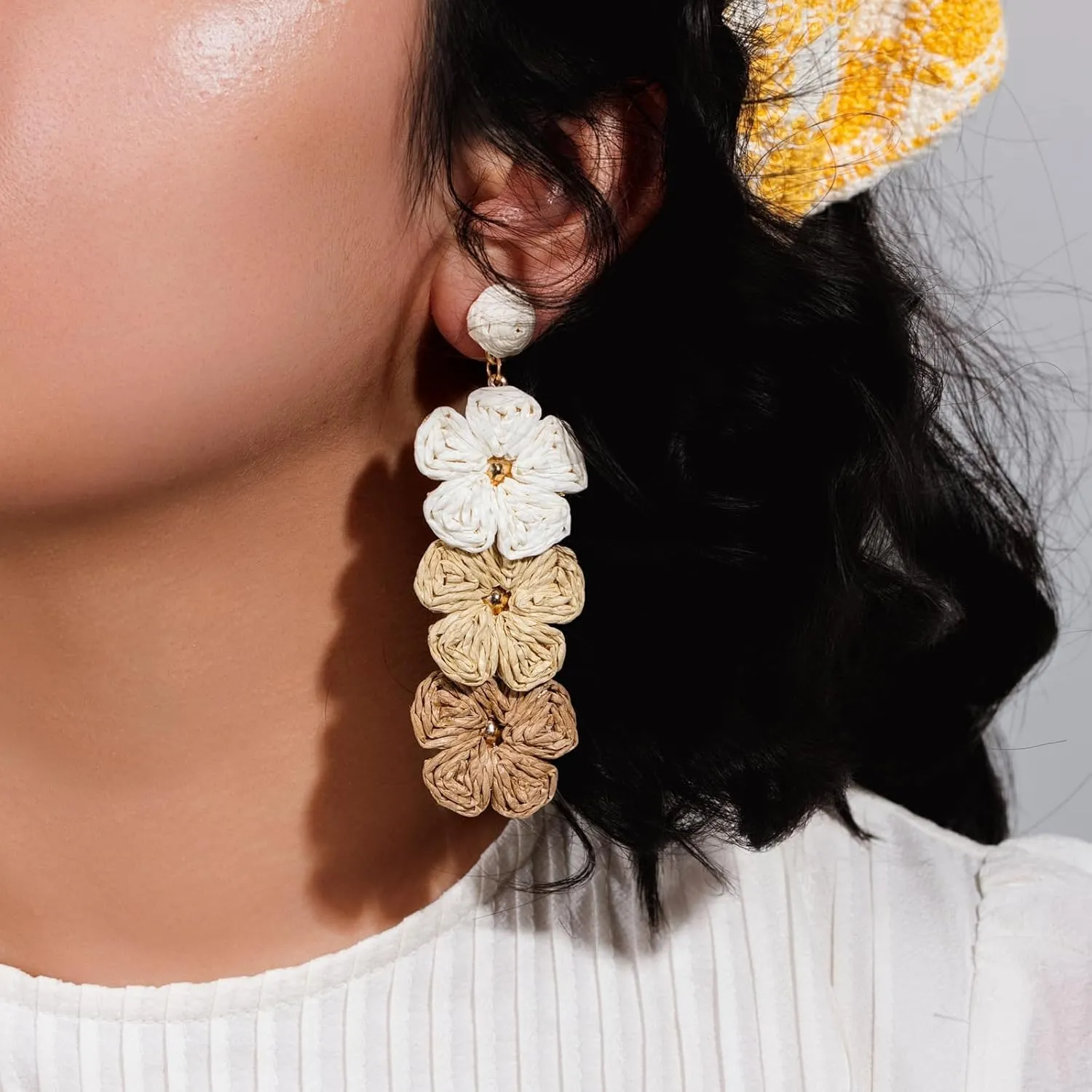 Flower Drop Earrings Floral Raffia Earrings Boho Statement Dangle Earrings Trendy Cute Summer Jewelry for Women