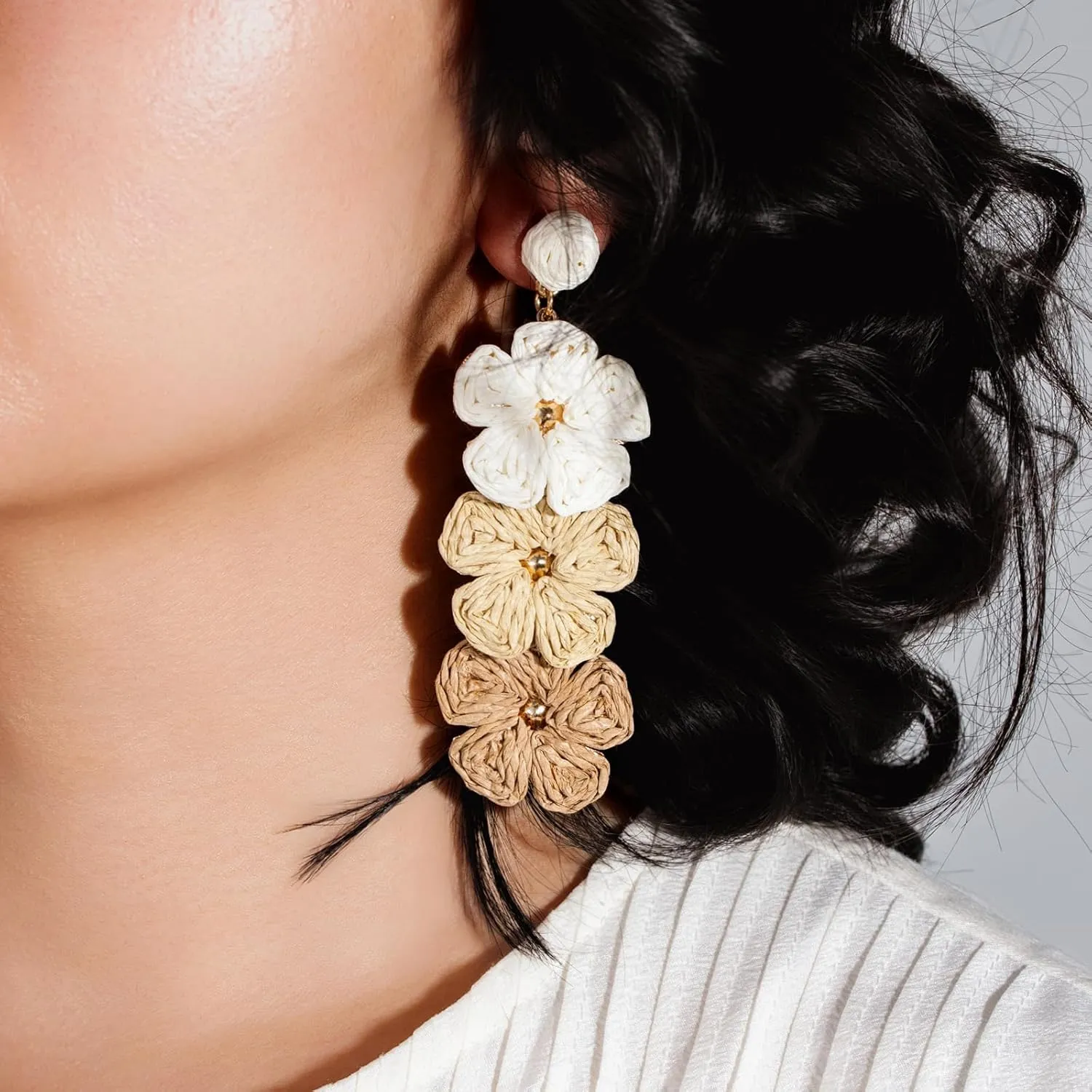 Flower Drop Earrings Floral Raffia Earrings Boho Statement Dangle Earrings Trendy Cute Summer Jewelry for Women