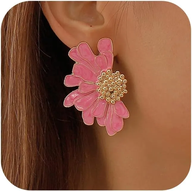 Flower Earrings Daisy Floral Earrings Pink White Green Flower Stud Earrings Jewelry for Women