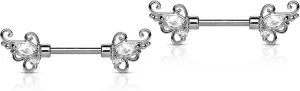 Forbidden Body Jewelry 14g 1/2 Inch (12mm) Surgical Steel & Gold Plated Floral CZ Crystal Nipple Ring Barbell Set