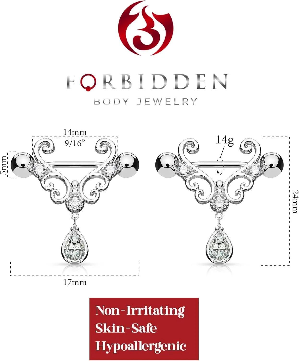 Forbidden Body Jewelry 14g 9/16 Inch (14mm) Surgical Steel & Gold Plated Heart Filigree CZ Drop Partial Nipple Shield Barbells