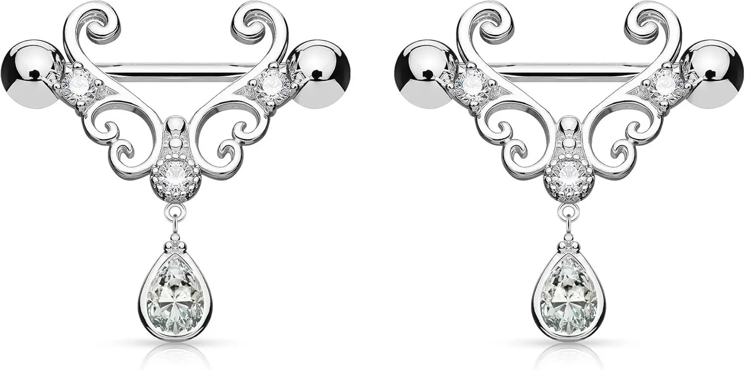 Forbidden Body Jewelry 14g 9/16 Inch (14mm) Surgical Steel & Gold Plated Heart Filigree CZ Drop Partial Nipple Shield Barbells