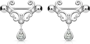 Forbidden Body Jewelry 14g 9/16 Inch (14mm) Surgical Steel & Gold Plated Heart Filigree CZ Drop Partial Nipple Shield Barbells