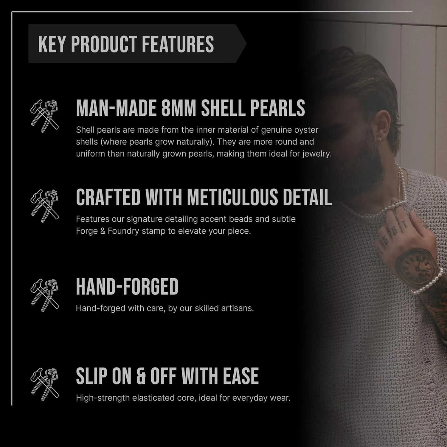 Forge & Foundry Men's 8mm Shell Pearl (Man-Made) Bracelet [Small, Medium, Large and Adjustable Sizing Options] | Marlow | Refined Hand-Crafted Jewelry, Designed by Jewelers, Forged for Men [Marlow]