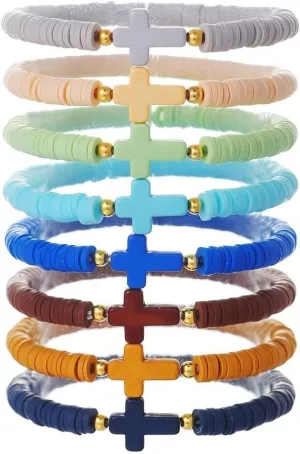 Friendship Bracelets for Women Boho Colorful Bohemian Rainbow Stackable Clay Beaded Bracelets Christian Cross Set Summer Beach Friendship Jewelry