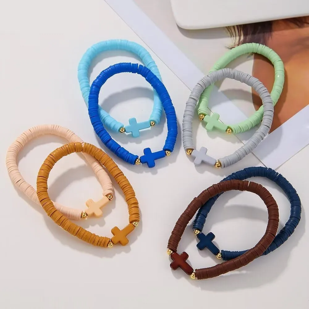 Friendship Bracelets for Women Boho Colorful Bohemian Rainbow Stackable Clay Beaded Bracelets Christian Cross Set Summer Beach Friendship Jewelry