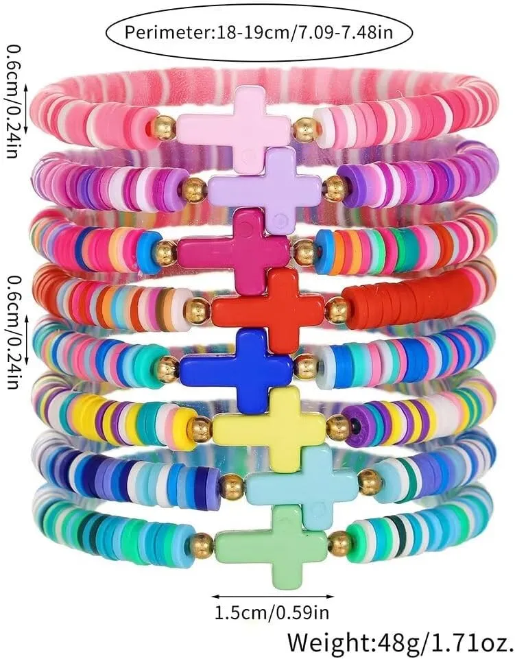 Friendship Bracelets for Women Boho Colorful Bohemian Rainbow Stackable Clay Beaded Bracelets Christian Cross Set Summer Beach Friendship Jewelry
