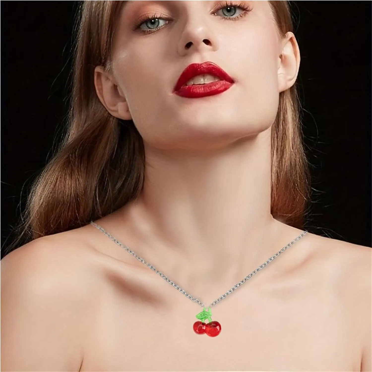 Fruit Earring Necklaces Set for Women Dainty Gold Plated Crystal Sweet Red Cherry Strawberry Drop Dangle Earrings Charm Funny Fruit Cherry Pendant Necklace Christmas Statement Aesthetic Jewelry