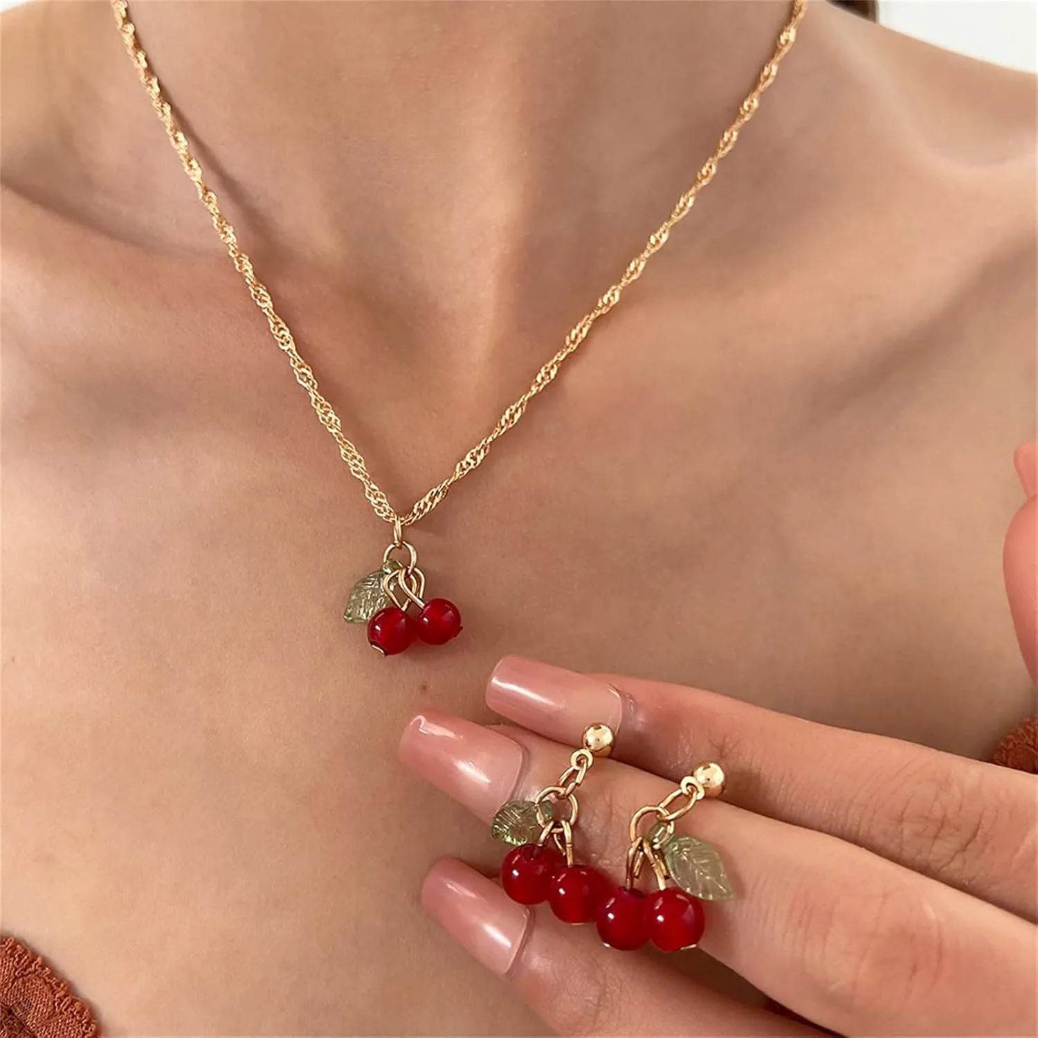 Fruit Earring Necklaces Set for Women Dainty Gold Plated Crystal Sweet Red Cherry Strawberry Drop Dangle Earrings Charm Funny Fruit Cherry Pendant Necklace Christmas Statement Aesthetic Jewelry