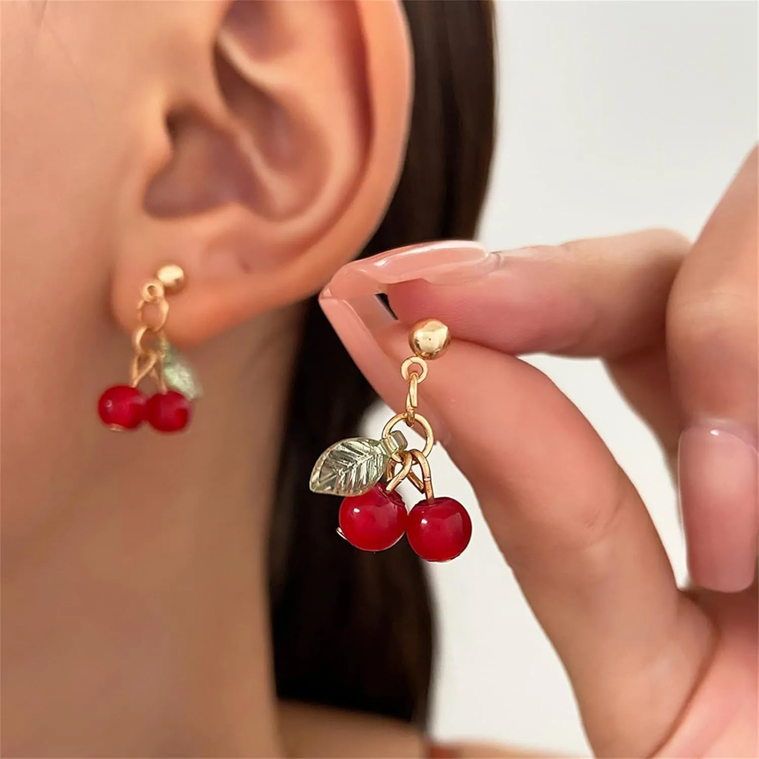 Fruit Earring Necklaces Set for Women Dainty Gold Plated Crystal Sweet Red Cherry Strawberry Drop Dangle Earrings Charm Funny Fruit Cherry Pendant Necklace Christmas Statement Aesthetic Jewelry