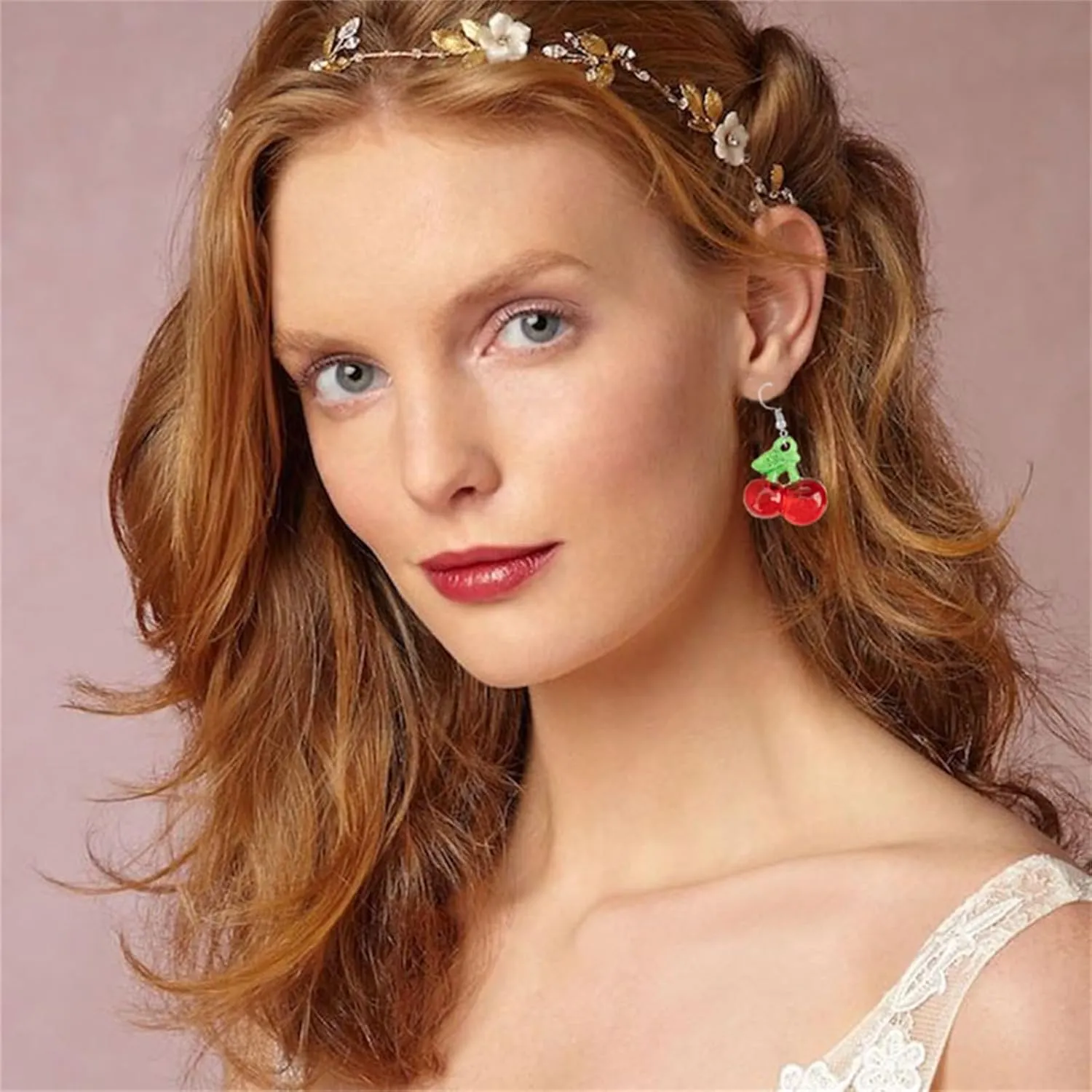 Fruit Earring Necklaces Set for Women Dainty Gold Plated Crystal Sweet Red Cherry Strawberry Drop Dangle Earrings Charm Funny Fruit Cherry Pendant Necklace Christmas Statement Aesthetic Jewelry