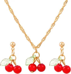 Fruit Earring Necklaces Set for Women Dainty Gold Plated Crystal Sweet Red Cherry Strawberry Drop Dangle Earrings Charm Funny Fruit Cherry Pendant Necklace Christmas Statement Aesthetic Jewelry