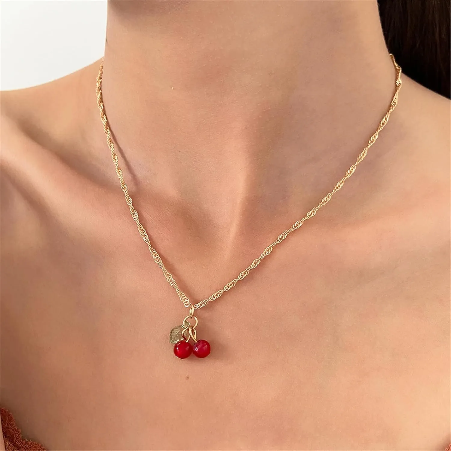 Fruit Earring Necklaces Set for Women Dainty Gold Plated Crystal Sweet Red Cherry Strawberry Drop Dangle Earrings Charm Funny Fruit Cherry Pendant Necklace Christmas Statement Aesthetic Jewelry