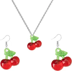 Fruit Earring Necklaces Set for Women Dainty Gold Plated Crystal Sweet Red Cherry Strawberry Drop Dangle Earrings Charm Funny Fruit Cherry Pendant Necklace Christmas Statement Aesthetic Jewelry