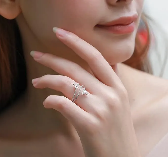 Fuqimanman2020 Dainty Double Butterfly Ring for Women and Teens - Cute Crystal Jewelry - Sizes 6-10