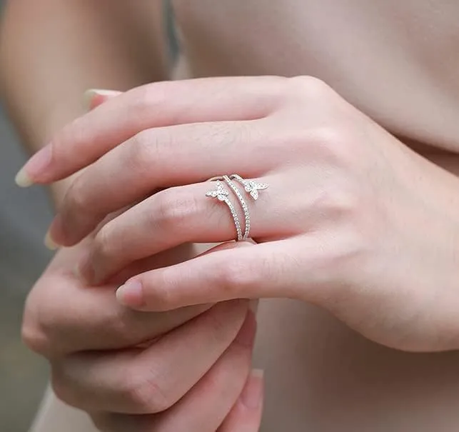 Fuqimanman2020 Dainty Double Butterfly Ring for Women and Teens - Cute Crystal Jewelry - Sizes 6-10