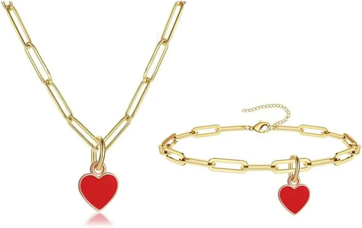 Fuqimanman2020 Sweet Enamel Forever Love Heart Shape Link Bracelet Paperclip Chain Stainless Steel Necklace for Mom Wife Lover Valentine's Day Preppy Jewelry